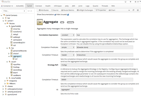Showing properties of the Aggregate EIP in our Camel application, including documentation out of the box