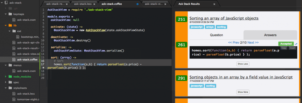 “Ask Stack” on Atom: https://atom.io/packages/ask-stack