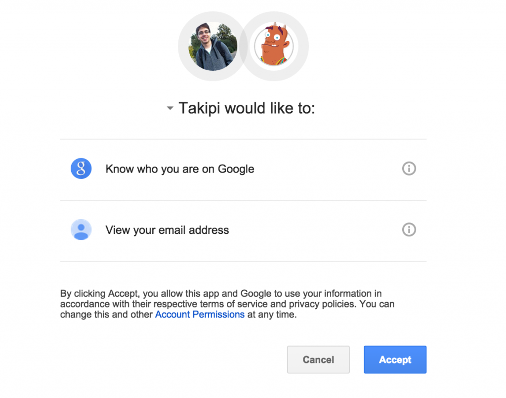 Google’s permissions page – Customized for Takipi