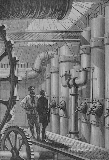 Captain Nemo takes Professor Aronnax on a tour of the engine room, a fascinating description of future technology from an 1870 perspective.