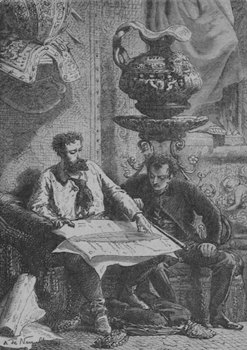 Captain Nemo and Professor Aronnax discussing the engineering and behind The Nautilus.