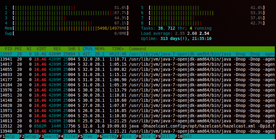 Running htop to examine the loads on one of our servers, load average appears on the top right