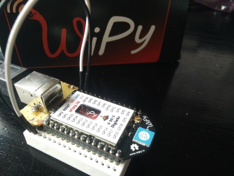 WiPy on Breadboard with USB power supply connector.
