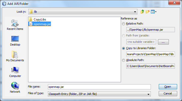 Figure 5: Add openmap.jar to your Libraries folder