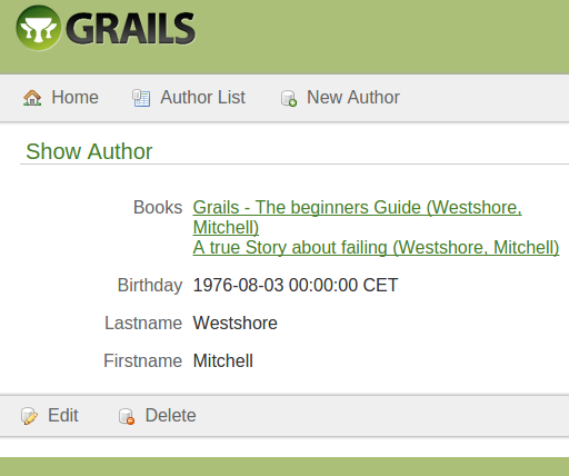 A scaffolding example with authors and books generated by Grails.