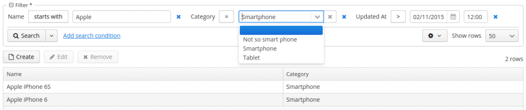 Select all products that start with Apple in Category Smartphone, which have changed since 2/11/15