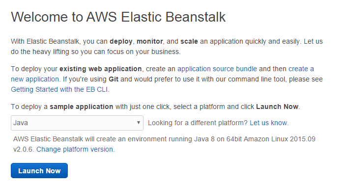 Select Amazon Elastic Beanstalk Platform