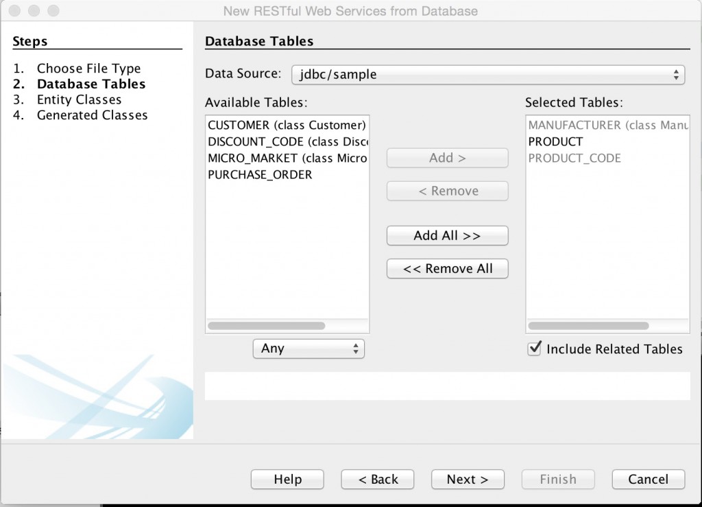 Figure 2: New RESTful Web Services from Database Dialog