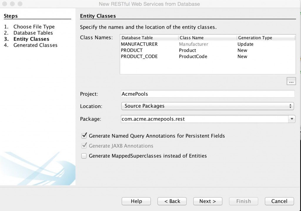 Figure 3: Specify options for your entity classes