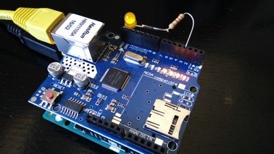 Arduino Uno with Ethernet shield and yellow LED