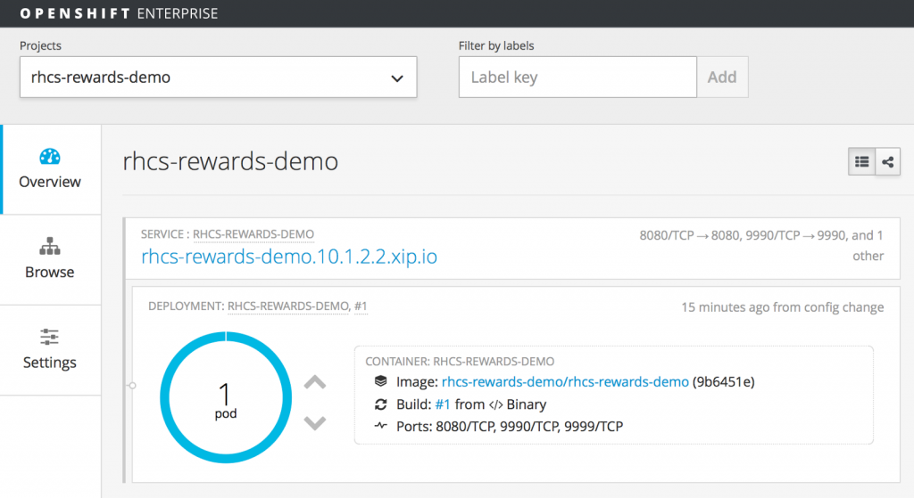 The JBoss BPM Rewards process project containerized on OpenShift Enterprise.