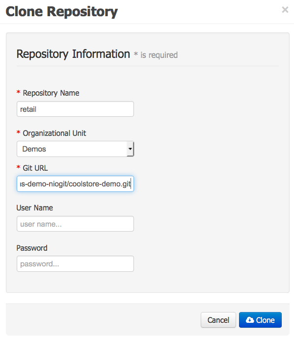 Figure 3: Cloning a repository is how you import an existing project, which requires the information shown.