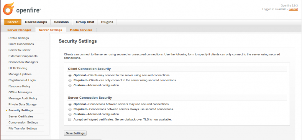 Figure 2: Client and Server Connection Security Settings