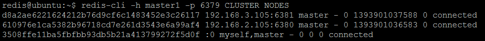 Figure 7a. Rerunning CLUSTER NODES on each Redis master node confirms that each node sees all other nodes (effectively forming a cluster)