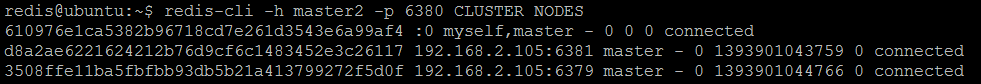Figure 7b. Rerunning CLUSTER NODES on each Redis master node confirms that each node sees all other nodes (effectively forming a cluster)