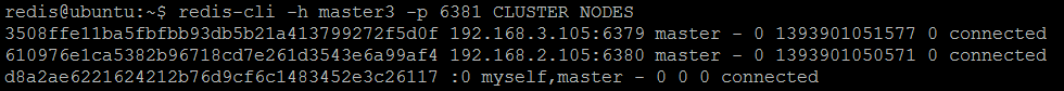 Figure 7c. Rerunning CLUSTER NODES on each Redis master node confirms that each node sees all other nodes (effectively forming a cluster)
