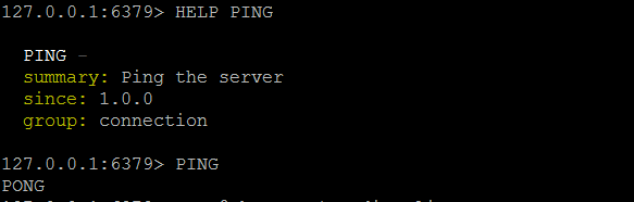 Figure 5. Issuing PING command from redis-cli and verifying server responds with PONG