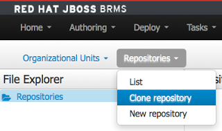 Figure 2: To import a new project, open the Clone repository from the menu Repositories. This will allow you to bring in any rules project to your JBoss BRMS.