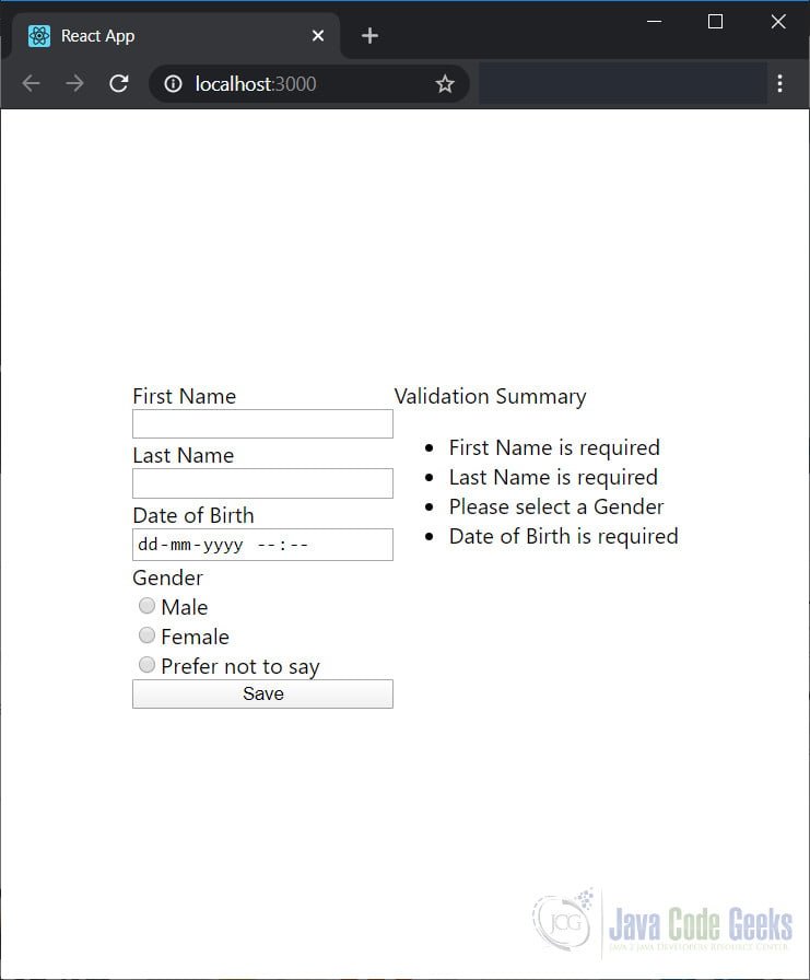 ReactJS Form Validation - Project Output