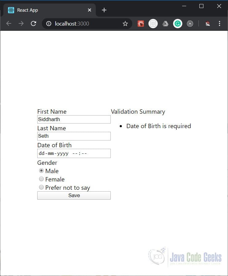 ReactJS Form Validation - Project Output