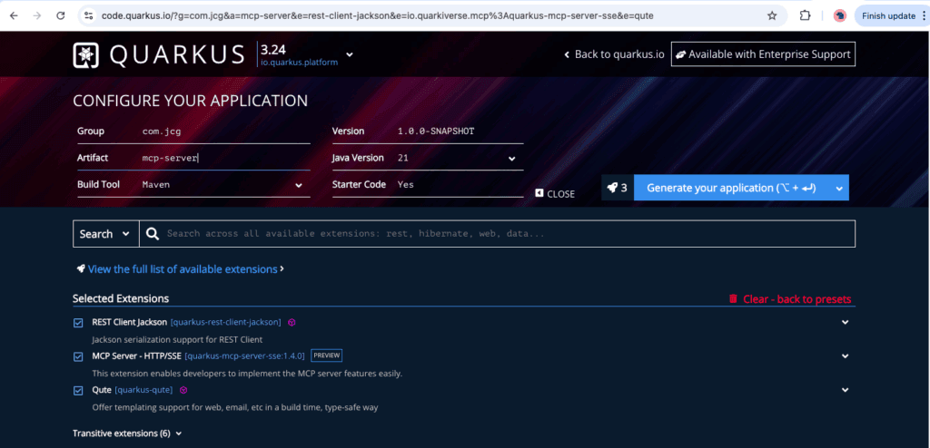 Screenshot of the LangChain4j Quarkus MCP Server Extension