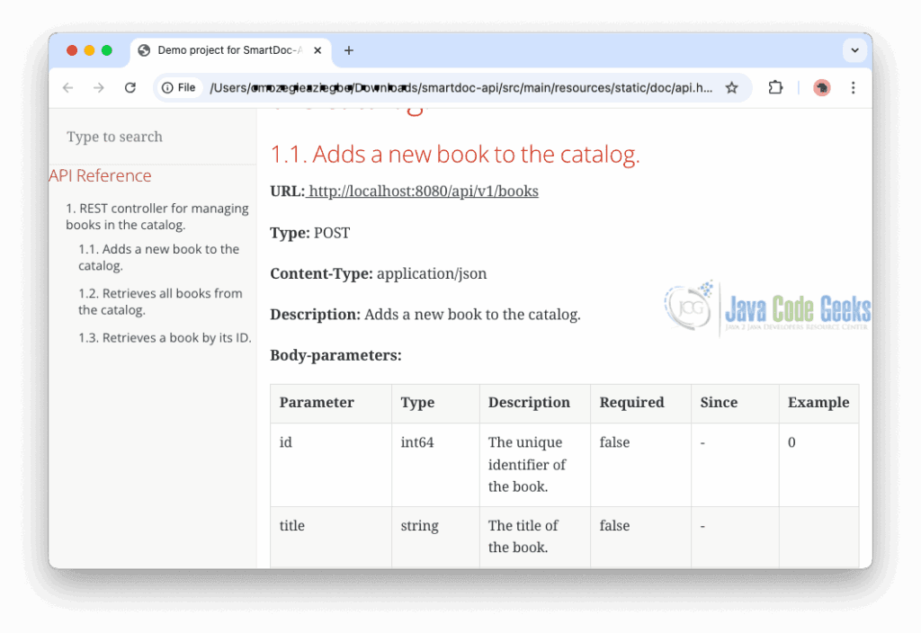Java API Smart Doc example preview