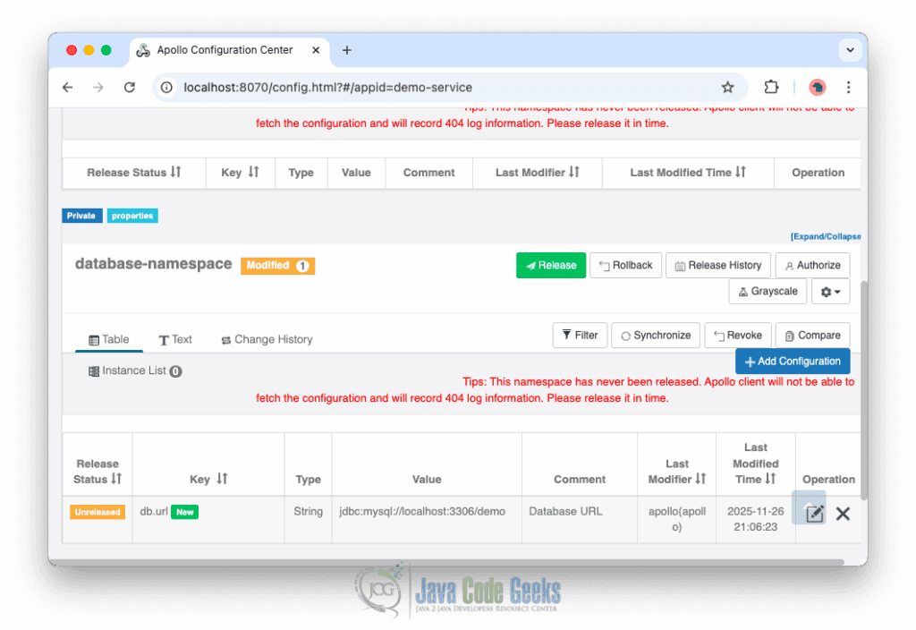 Apollo configuration management interface displaying the Release button
