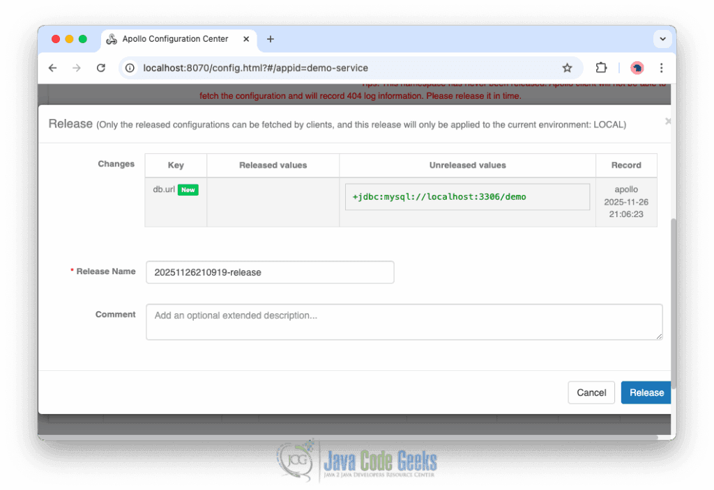 View of the configuration release interface