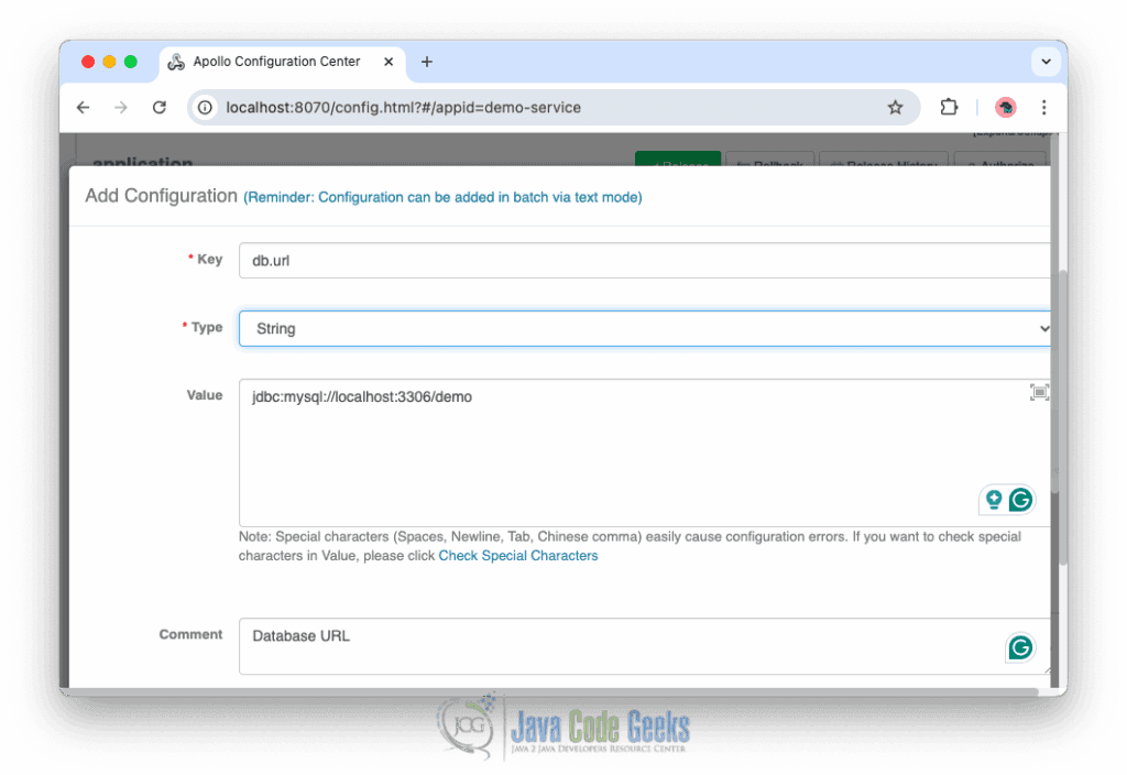 Apollo configuration settings view