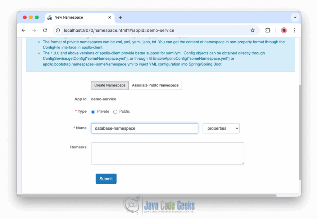 Create Namespace view in the Apollo Portal