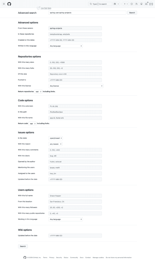 Screenshot of the GitHub advanced search page demonstrating how to use GitHub search