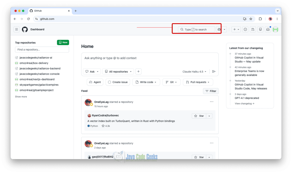 Default GitHub search interface showing an example of how to use GitHub search in a tutorial