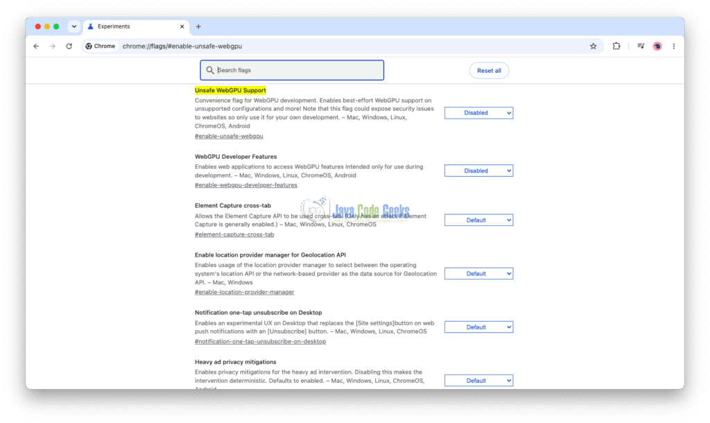 Screenshot of Chrome showing WebGPU disabled while building AI apps in the browser with TensorFlow.js and WebGPU.