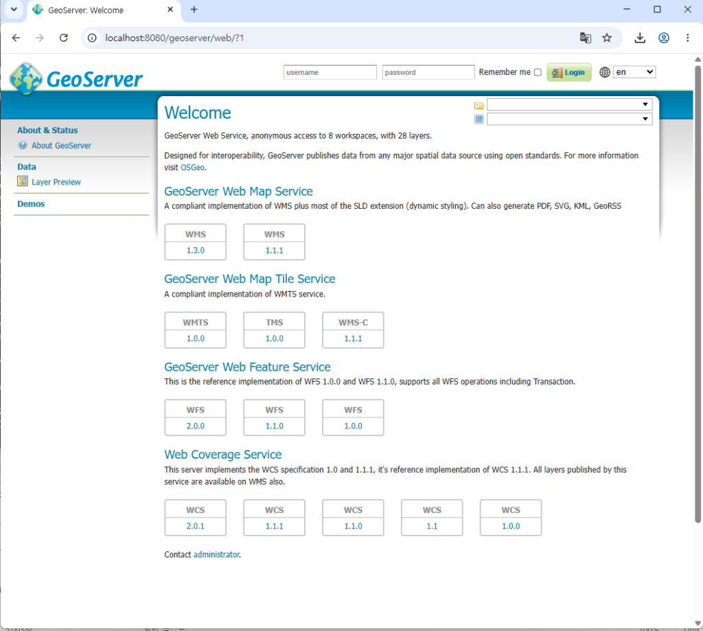 Web interface of GeoServer