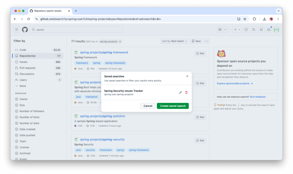 manage saved seraches - github