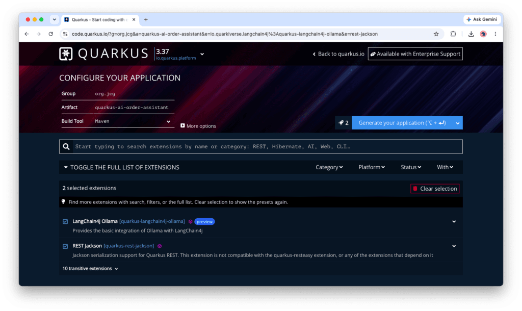 Screenshot of the “From LLMs to LangChain understanding how modern AI applications work” example built with Quarkus